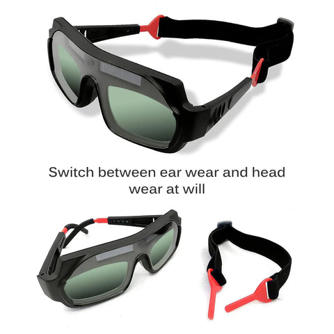 Heavy Duty Solar Powered Welding Goggles With Automatic Darkening True Color Anti Glare Lenses For Plasma Cutting Grind Jobs showing adjustable ear and head wear.