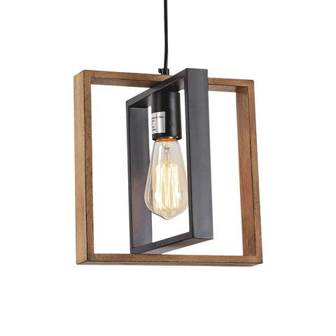 Dope Matte Black And Solid Wood Kitchen Island Pendant Light with adjustable hanging height, 9.5 inch square frame, warm glow LED.