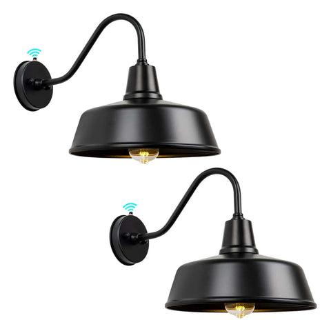 Gooseneck Barn Outdoor Light Exterior Wall Sconce For Farmhouse Front Door Porch Garage And Patio, Dusk To Dawn Sensor, Waterproof, 12.6 Inch, 2 Pack Bundle, front view of black pair.