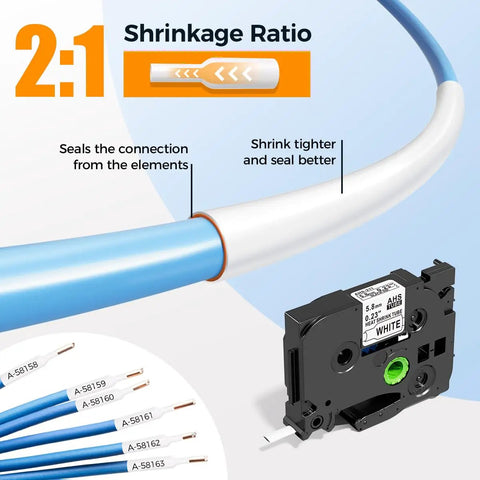 Top Shelf Performance Hse-211 Heat Shrink Label Tubes for Wire Cables, 0.23 inch, sealed connection demonstration with heat shrink ratio.