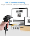 Handheld USB 2D Barcode Scanner Wired Plug And Play Automatic QR Code Reader With Long USB Cable in use with desktop screens