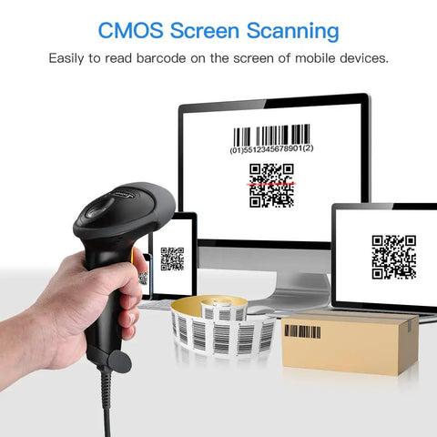 Handheld USB 2D Barcode Scanner Wired Plug And Play Automatic QR Code Reader With Long USB Cable in use with desktop screens