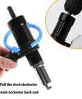 Electric Rivet Gun Adapter Kit For Drills With 4 Riveting Heads showing clockwise function arrows