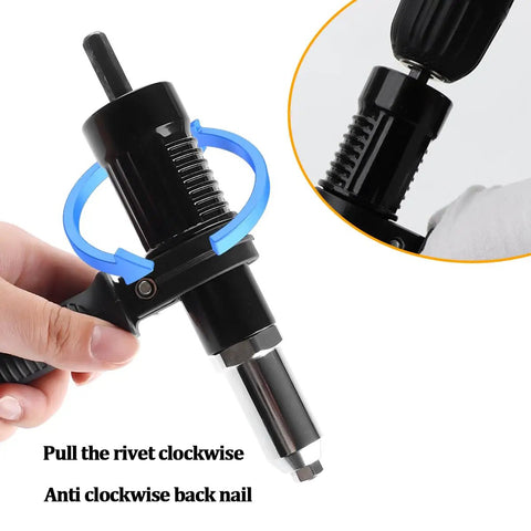 Electric Rivet Gun Adapter Kit For Drills With 4 Riveting Heads showing clockwise function arrows