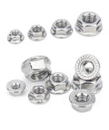 Assorted M8 X 1.25mm Serrated Flange Hex Lock Nut Set 25 Pieces 304 Stainless Steel Bright Finish on white background