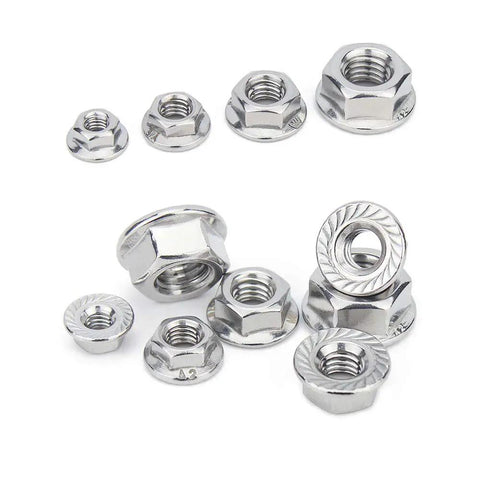Assorted M8 X 1.25mm Serrated Flange Hex Lock Nut Set 25 Pieces 304 Stainless Steel Bright Finish on white background