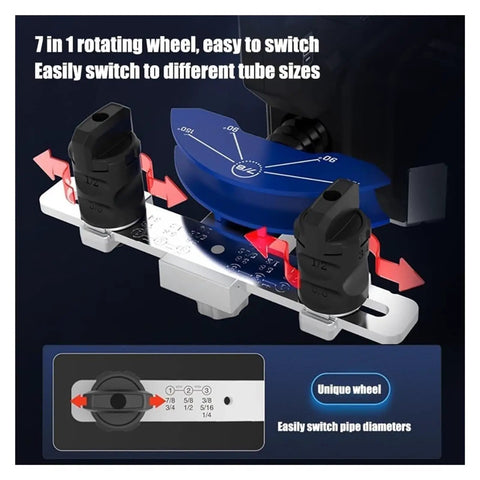 Hiedmeil Electric Copper Pipe Bender Rechargeable Tube Bending Tool For HVAC R22 Refrigeration Lines features a 7-in-1 rotating wheel for different tube sizes.