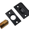 Solid Brass Roller Ball Door Catch Kit With Stainless Steel Roller, Adjustable Spring Latch, Black Finish components on white background