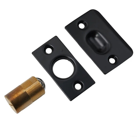 Solid Brass Roller Ball Door Catch Kit With Stainless Steel Roller, Adjustable Spring Latch, Black Finish components on white background