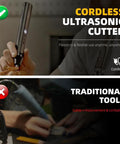 Cordless Ultrasonic Craft Cutter Kit For DIY Projects Multi Material Cutter For Acrylic EVA Leather PLA PVC Resin Rubber Wood Wireless Design Pro Grade Beast Mode Precision And Versatile Crafting showing cordless use and comparing with traditional tools.
