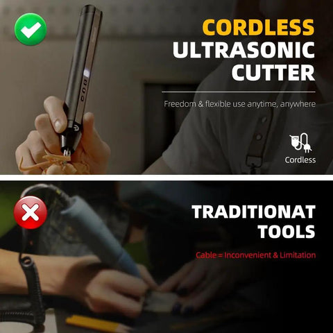 Cordless Ultrasonic Craft Cutter Kit For DIY Projects Multi Material Cutter For Acrylic EVA Leather PLA PVC Resin Rubber Wood Wireless Design Pro Grade Beast Mode Precision And Versatile Crafting showing cordless use and comparing with traditional tools.