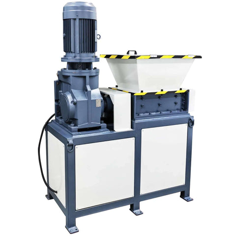 WYDDDARY biaxial shredder with white hopper on blue-gray steel frame; industrial electric shredder