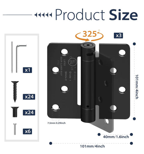 Heavy Duty 4 Inch Self Closing Door Hinges with size specifications, spring loaded design, and installation accessories.