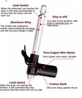 Badass 6000N Linear Actuator Motor With 100mm Stroke, aluminum alloy and copper wire with limit switch details.
