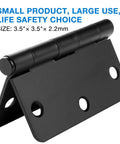 Matte Black 3.5 Inch Door Hinges 24 Pack Square Corner Residential Interior Exterior Cabinet Box Hinges With 144 Free Screws And 270 Degree Swing For Solid Easy Install Door Hardware, shown with dimensions.