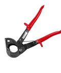 Heavy Duty Ratchet Cable Wire Cutter For Slick One Hand Operation With High Voltage Insulated Handles And Quick Release Lever To Cut Copper Or Aluminum Without Any Hassle, close-up view.