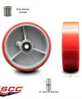 Top Tier Heavy Duty 6 Inch Red Caster Wheel Built Tough with polyurethane and cast iron, showing roller bearing and spanner bushing.