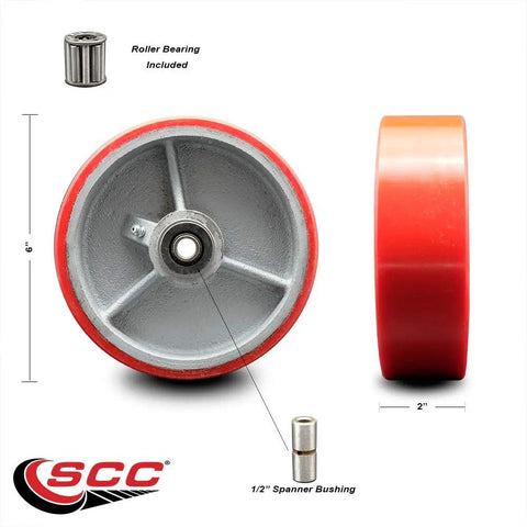 Top Tier Heavy Duty 6 Inch Red Caster Wheel Built Tough with polyurethane and cast iron, showing roller bearing and spanner bushing.