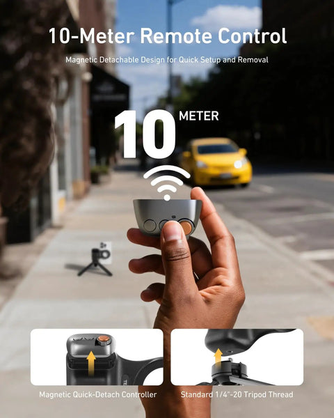 Hand holding Fun Shot Magnetic Phone Grip Turns Your Smartphone Into a DSLR Style Shooter with detachable wireless shutter button.