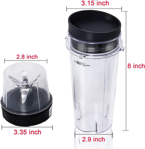 6 Fin Blender Blade Replacement With 2 Pack 16oz Single Serve Cups, Easy Snap On Fit, cup and blade dimensions shown