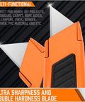 Front view of orange retractable box cutter with black grip; 4-pack with extra blades for cardboard boxes.