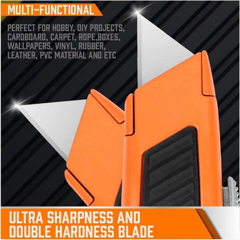 Front view of orange retractable box cutter with black grip; 4-pack with extra blades for cardboard boxes.