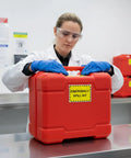 Scientist with red emergency spill kit featuring Go To Emergency Spill Kit Label Decals Pack Of Ten Five By Three And A Half Inch Vinyl Self Adhesive Waterproof Safety Signs For Industrial Hazmat Areas Clear Kit Station Notices For Fast Response And Easy Spill Location.