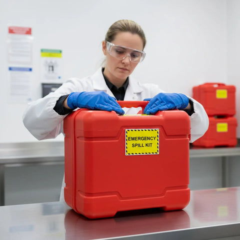 Scientist with red emergency spill kit featuring Go To Emergency Spill Kit Label Decals Pack Of Ten Five By Three And A Half Inch Vinyl Self Adhesive Waterproof Safety Signs For Industrial Hazmat Areas Clear Kit Station Notices For Fast Response And Easy Spill Location.
