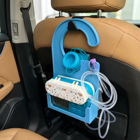 Pump Holder For Enteral Feeding Pump No Tools Needed Snap Fit 3D Printed Carrier Stand mounted on car seat with tubing management