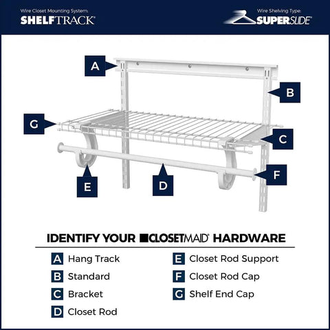 Diagram showing closet shelf components, including Locking Shelf Bracket For 16 Inch Deep Wire Shelving That Fits ShelfTrack.