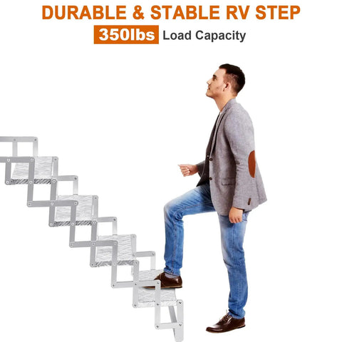 Aluminum RV Step Ladder With 4 Steps, 18-Inch Wide Outdoor Camper Stairs, Anti-Slip Surface, Portable Travel Trailer Stair Access, Durable Silver Finish, Lightweight And Built Tough For Real Outdoor Use, Corrosion-Resistant Build For Easy Storage, man using 4-step folding ladder, 350 lbs capacity