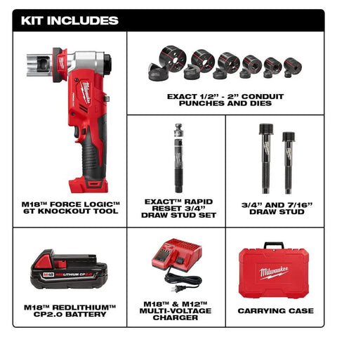 M18 Force Logic 6 Ton Knockout Tool Kit For One Half To Two Inch Conduit Holes includes punches, dies, battery, charger, case