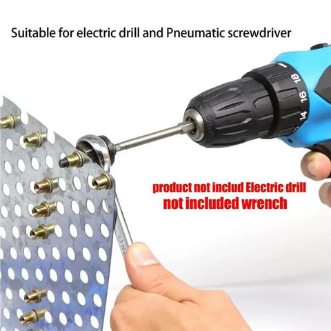 Rivet Nut Tool Mandrels Kit For M3 To M10 in use with electric drill on metal panel