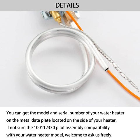 Front view of gas water heater pilot thermopile assembly; curved silver sensor tube with orange wire