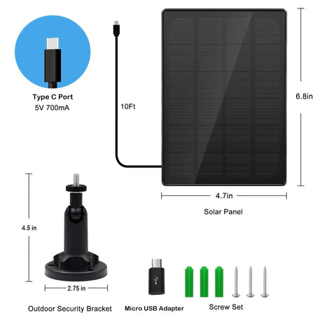All Day Outdoor Camera Power From IP66 Waterproof Solar Panel With 10 Ft Cable Type C Or Micro USB Adapter And 360 Degree Bracket