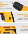 Powerful 400W Corded Drill For DIYers And Handy Pros, features showing chuck, forward/reverse switch, body hook details.
