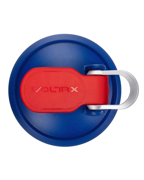 Top view of Electric Shaker Bottle With USB C Rechargeable Motor, 24 Oz Protein Shake Mixer, blue lid with red handle