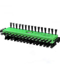 Green Gutter Guard Cleaning Brush No Fuss Tool with 360-degree bristles for gutter guards, debris removal from nooks and edges shown.
