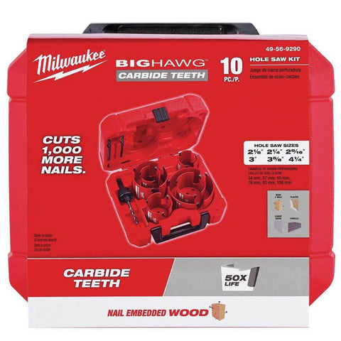 Milwaukee Big Hawg hole saw kit, 10-pc, carbide teeth, red case.