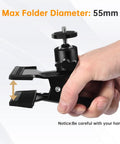 Heavy Duty Camera Mount Clip With 360 Degree Ball Head in hand, showing black spring clamp, max folder diameter 55mm.
