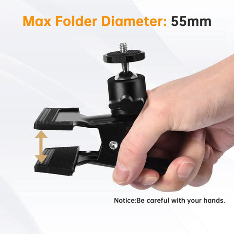 Heavy Duty Camera Mount Clip With 360 Degree Ball Head in hand, showing black spring clamp, max folder diameter 55mm.