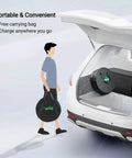Rugged Portable EV Charger With China GBT To CEE Blue Commando Plug Adapter Solid 32A 7KW in a carrying bag beside an SUV.