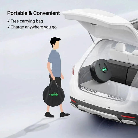 Rugged Portable EV Charger With China GBT To CEE Blue Commando Plug Adapter Solid 32A 7KW in a carrying bag beside an SUV.