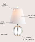 Clear Crystal Ball LED Table Lamp 16 Inches with linen shade, modern design, featuring energy saving LED bulb, glamour nightstand.