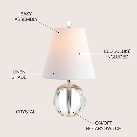 Clear Crystal Ball LED Table Lamp 16 Inches with linen shade, modern design, featuring energy saving LED bulb, glamour nightstand.