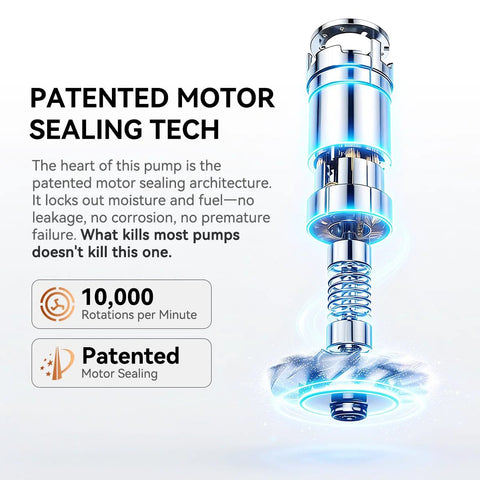 Illustration of patented motor sealing technology for rechargeable cordless fuel transfer pumps, showing internal mechanics.