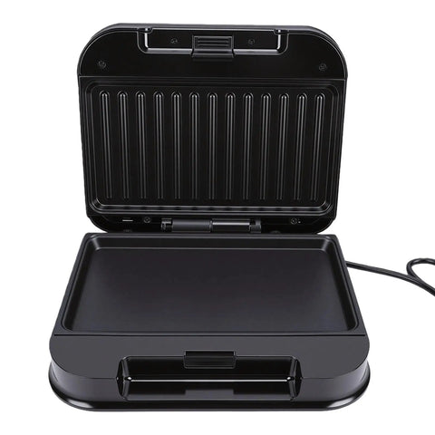 Tnfeeon Nonstick Electric Indoor Grill And Panini Press Maker open view showing nonstick plates and aluminum build for easy clean.