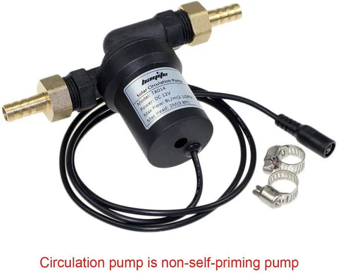 DC 12V Solar Hot Water Circulation Pump With UL Listed Power Adapter Included Low Noise 3 Meter Head 8 LPM 2.1 GPM Flow Half Inch Male Thread Non Self Priming Recirculation Pump For Home Water Heater displayed with connectors and wiring.