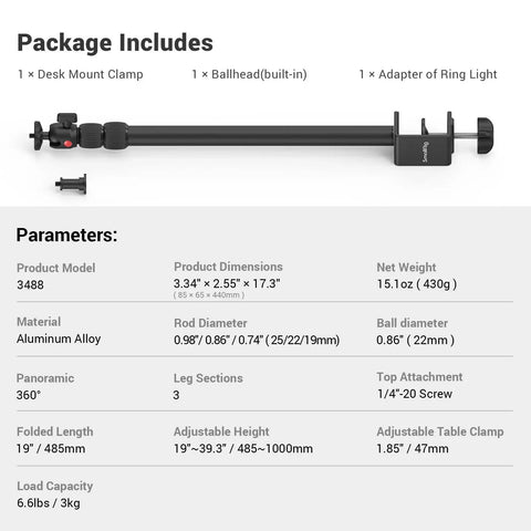 Desktop Camera Mount Stand 15 To 35 Inches, Adjustable Tabletop Light Stand With 1/4 Inch Ball Head C Clamp product specifications