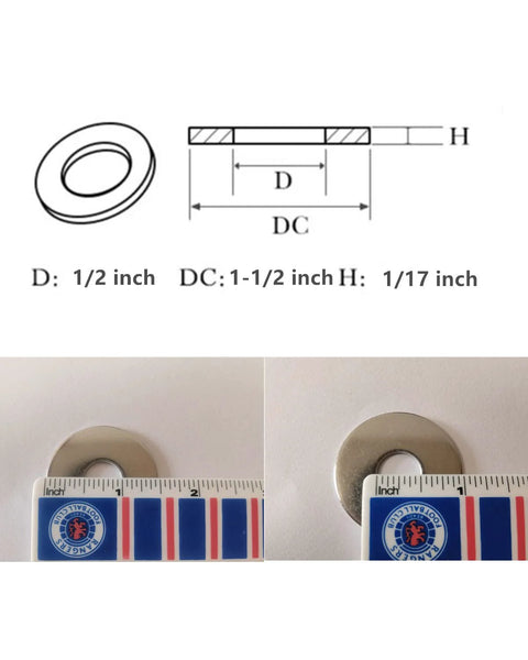 Front view of stainless steel Fender washer, 1/2 in ID, 1-1/2 in OD, 20-pack (304 SS)